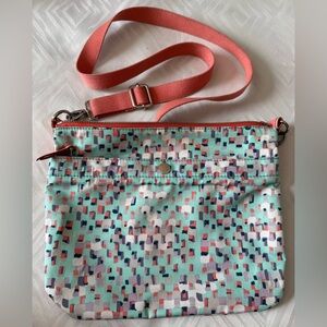 Fossil Teal & Coral Patterned Crossbody Bag Purse KeyPer Nylon